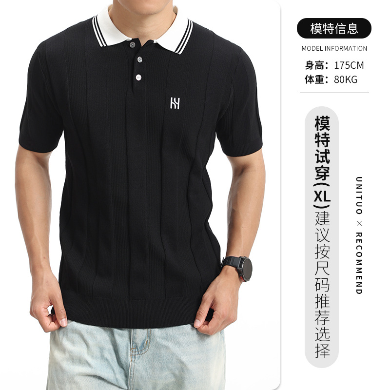 Europa y América transfronterizos de seda de hielo hombre con solapa de punto polo camiseta de verano vieja camiseta de negocios de hombre bordado mangas cortas