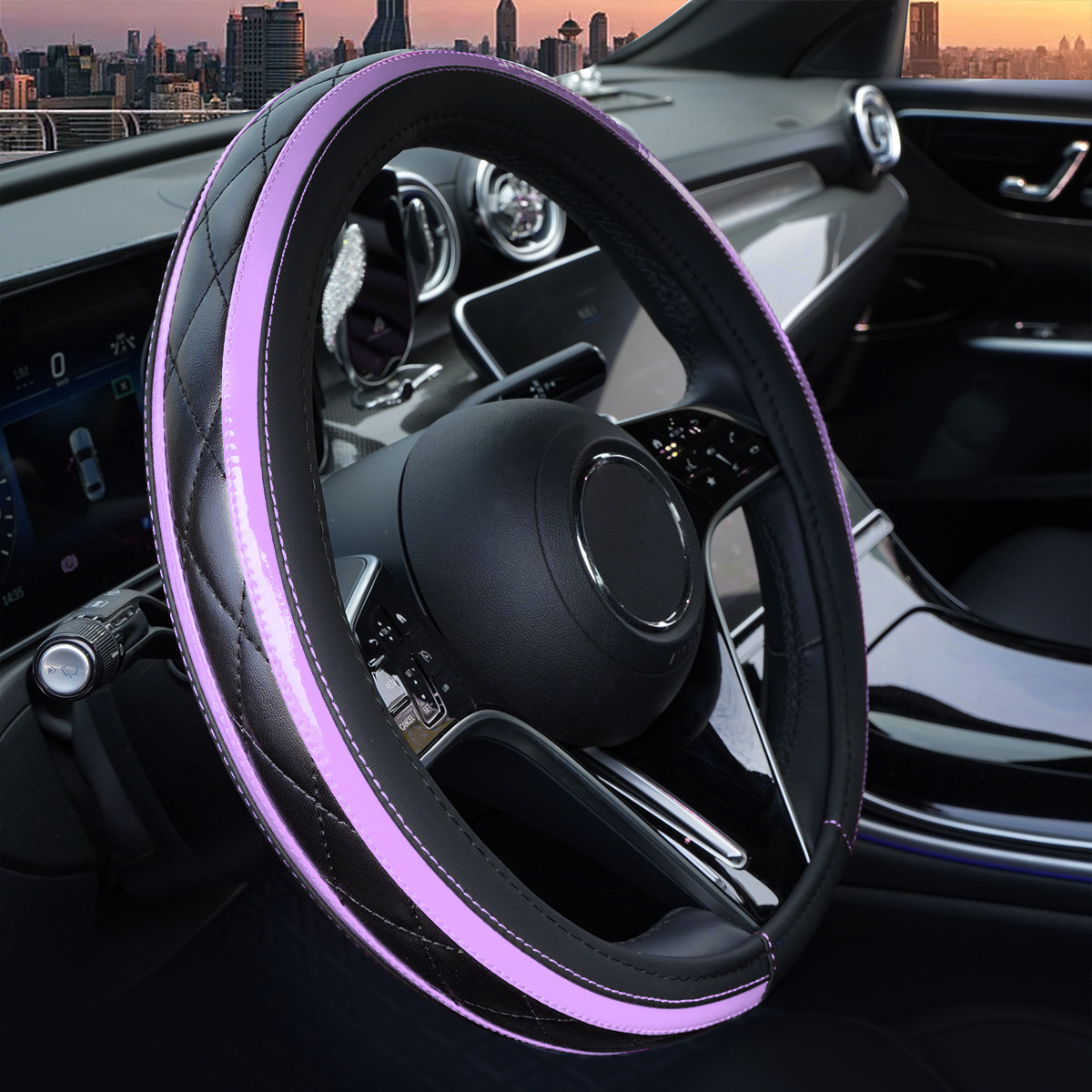 New Car Steering Wheel Cover, Leather Quilted Embroidery Stitching, Universal for All Seasons, Cross-Border Hot-Selling Interior Steering Wheel Protective Cover