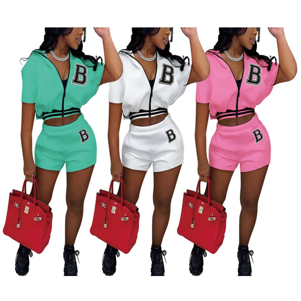 letter printing short-sleeved zipper top and shorts two-piece set  NSSD118680