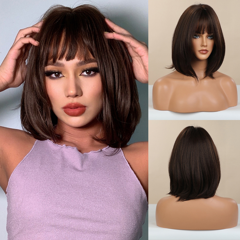 Fabricante al por mayor temperamento estilo explosivo casco aire flequillo rizado corto negro marrón cos estilo hair peluca europea y americana mujer