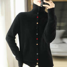 25秋冬100%羊毛开衫女高领彩纽扣拼色针织外套毛衣宽松羊毛上衣甄