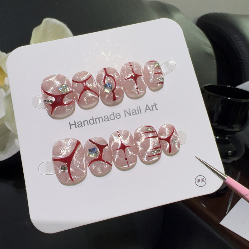 [Pink Lines] Ruby Crystal Diamond Handmade Manicure Niche Red Pattern Design Exquisite Art Wearable Nail Patch