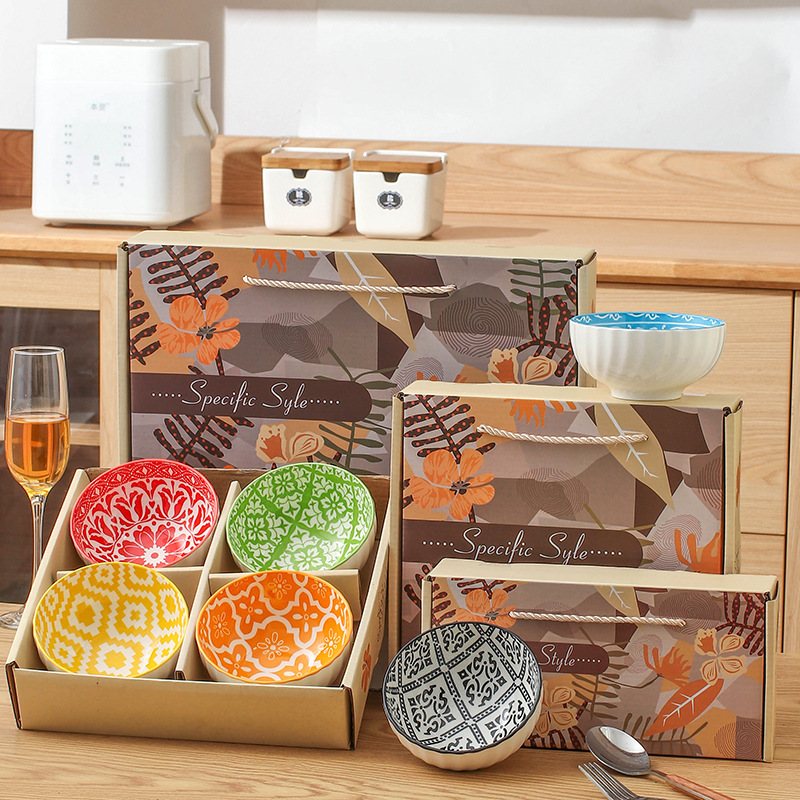 跨境炫彩旋纹碗波西米亚陶瓷碗家用饭碗外贸碗盘餐具礼品礼盒套装