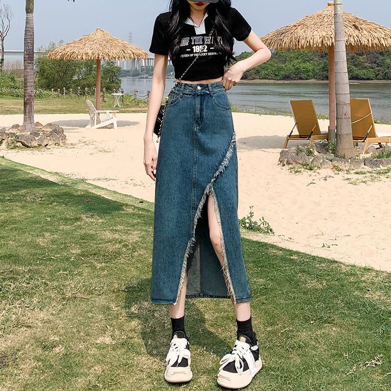 K High Waist Slimming Irregular Split Denim Skirt With Fringed Edge Design, A-line Mid Length Skirt_voghion.com