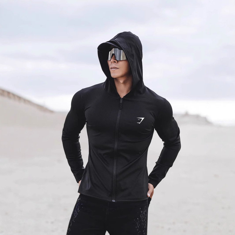 2025 New Cross-border Hooded Jacket Men's Spring and Summer Muscle Sports Fitness Thin Tight Hooded Zipper Long-sleeved Shirt