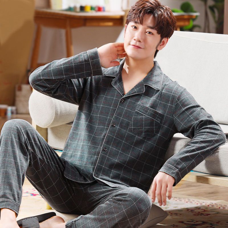 100% algodón de mediana edad de los hombres jóvenes pijamas de los hombres verano primavera y otoño invierno cardigan manga larga papá ropa suelta