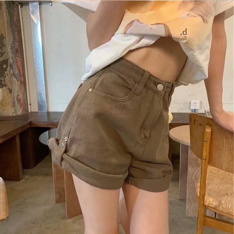 Denim Shorts Women 2024 New Student Internet Celebrity All-match High Waist Roll-up Outer Wear Loose Slim A- shaped Pants
