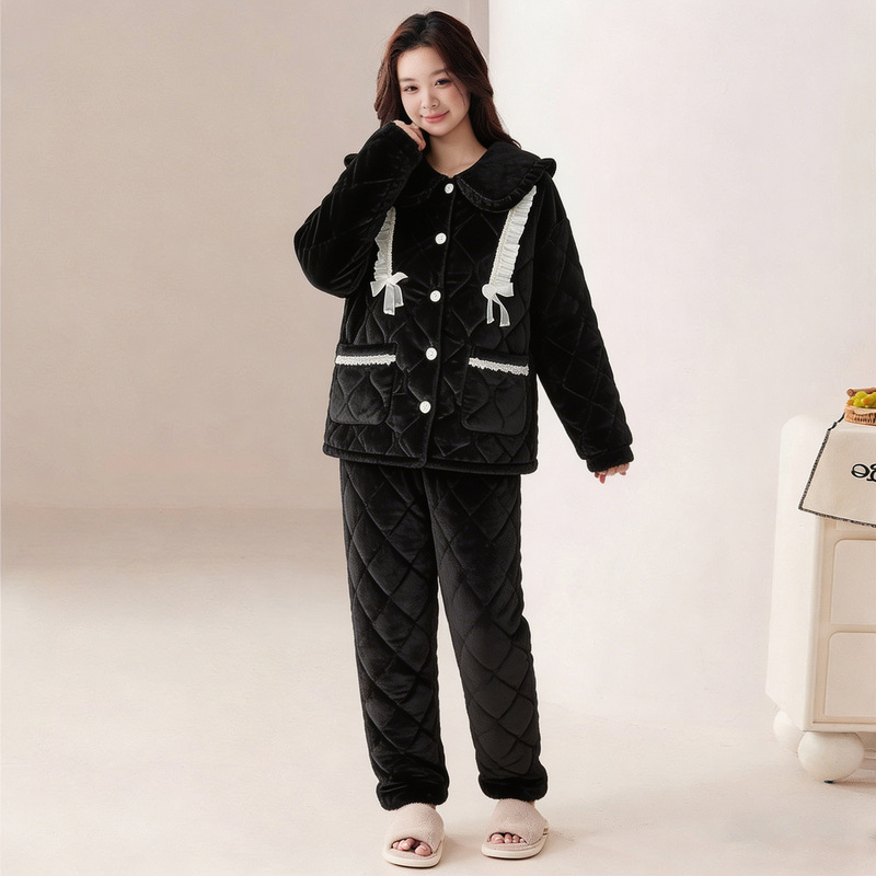 Factory In-Stock Bow-Knot Decorated Three-Layer Quilted Cotton Pajamas for Women, Thickened and Warm Home Pajama Set (Comfortable)