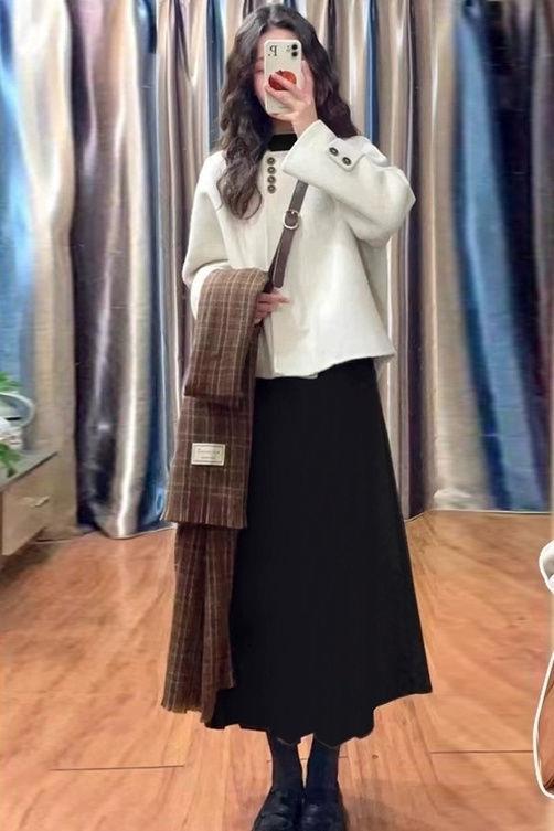 大码胖mm韩系短款夹棉毛呢外套+毛衣连衣裙子夏夏女两件套装200斤