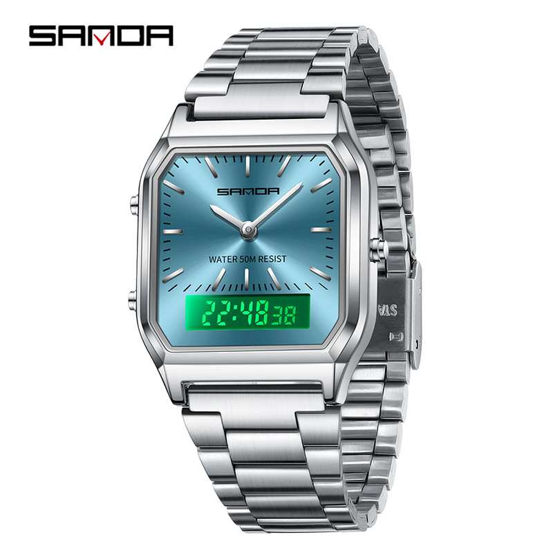 SANDA SANDA 747 hombre retro reloj electrónico de negocios moda moda personalidad reloj de hombre correa de acero reloj de pulsera ligero