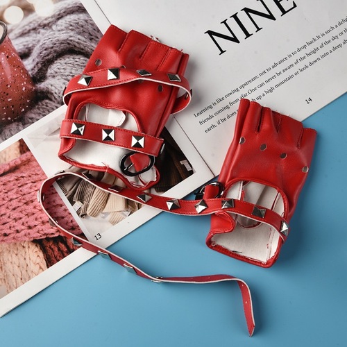 Performance Half Finger Gloves Women's Rivet Gloves PU Gloves Fashion Punk Thunderbolt Stage Street Dance Motorcycle Gloves