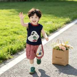 男童酷帅气夏装米奇印花套装2026韩系新款男宝宝洋气背心格子短裤
