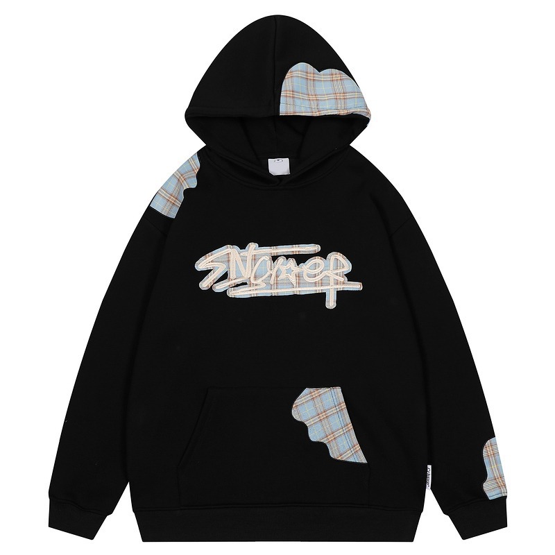 High Street Splicing Grid Pattern Hooded Sweatshirt For Men_voghion.com
