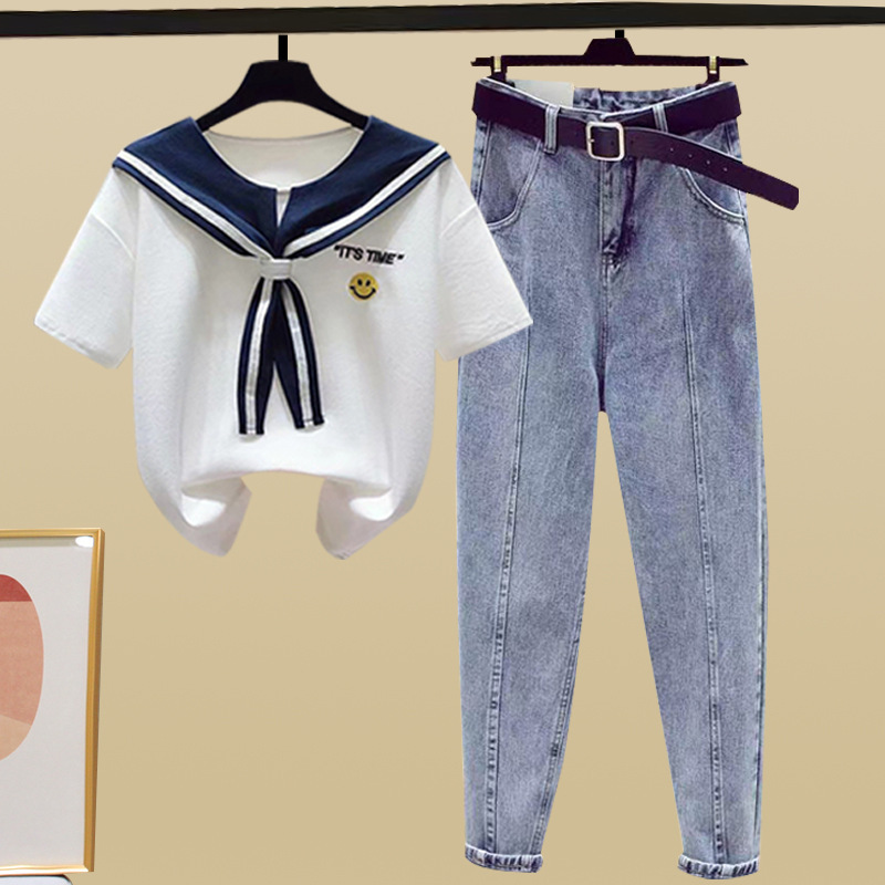 Denim suit# Alphabet Embroidered Collar Short Sleeve Suit with High Waist Harlan Carrot Pants Cropped Jeans Denim suit# Alphabet Embroidered Collar Short Sleeve Suit with High Waist Harlan Carrot Pants Cropped Jeans