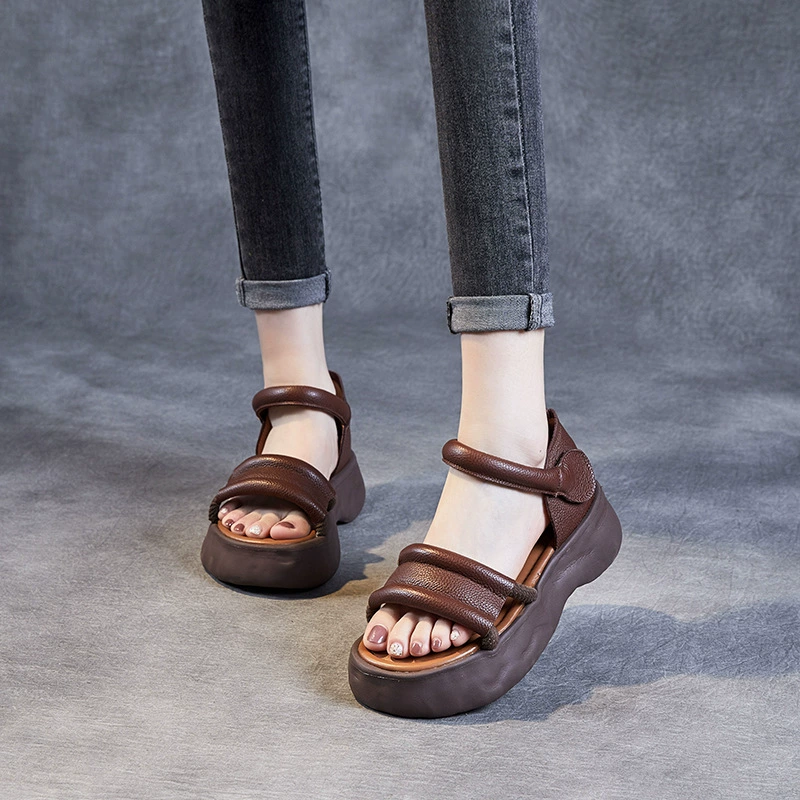 Leather sandals, genuine beach footwear platform, high slide, slippers, cowhide