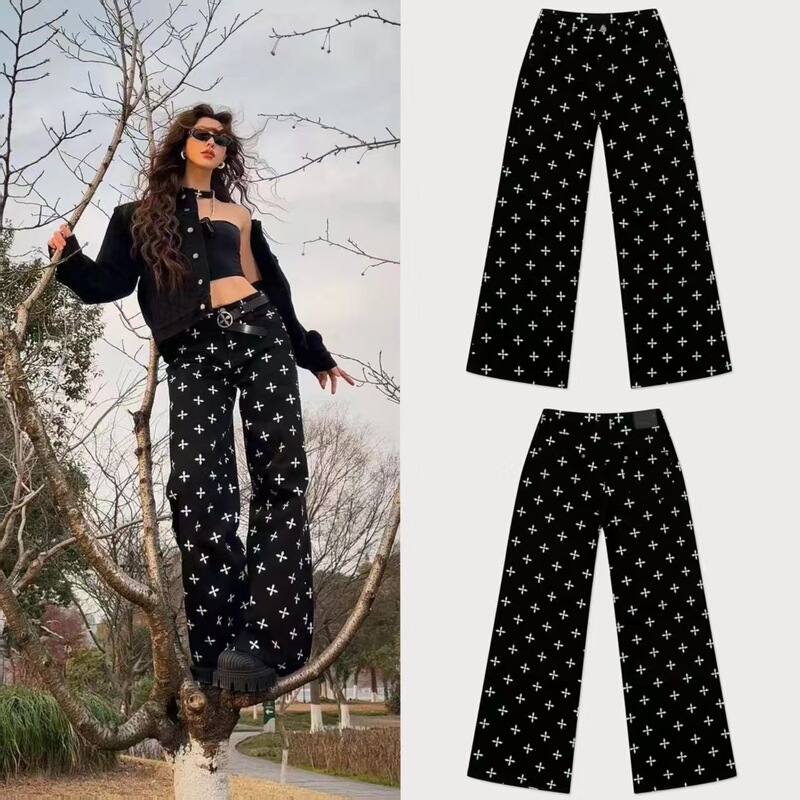 Sk Black Garden Classic Wide Leg Jeans Pd005Bg Full Print Pure Cotton Drape Casual Pants 25 Spring New Style