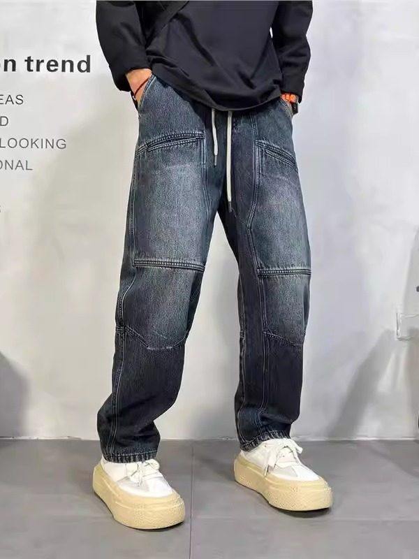 Herren Patchwork Jeans Weit Geschnitten Gerade Locker Arbeitshose_voghion.com