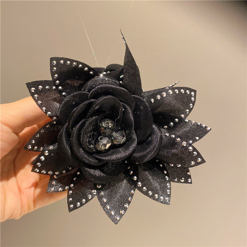 Estilo coreano flor grande elegante malla de diamantes de imitación rosa banda de pelo de intestino grueso banda de goma de lazo de pelo femenino no hace daño pelo cuerda bola cabeza