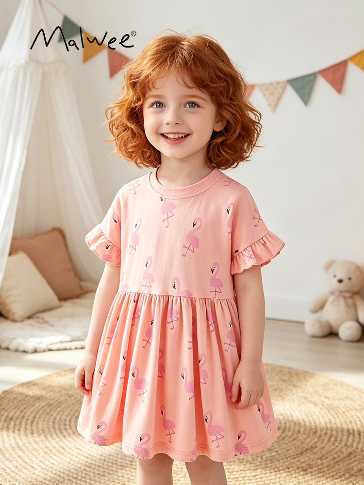 Cross-border malwee verano vestido de impresión casual para niños confortable y transpirable ropa de niñas de 3 a 8 años de edad falda de niña