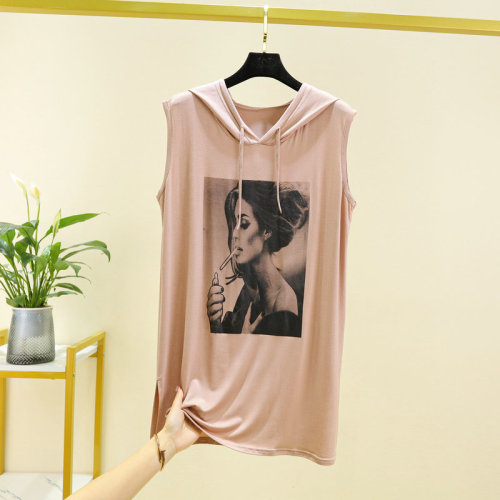 Women's Spring and Summer Viscose Print Open-Front Hooded Loose-Fitting Slimming Camisole Top for Plus Size