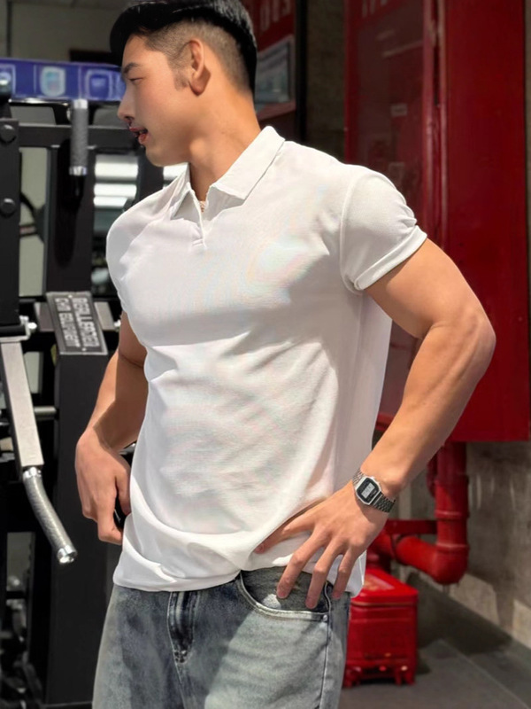 健身短袖男士夏季简约纯色中式POLO衫亨利领运动透气收袖口短袖潮|undefined