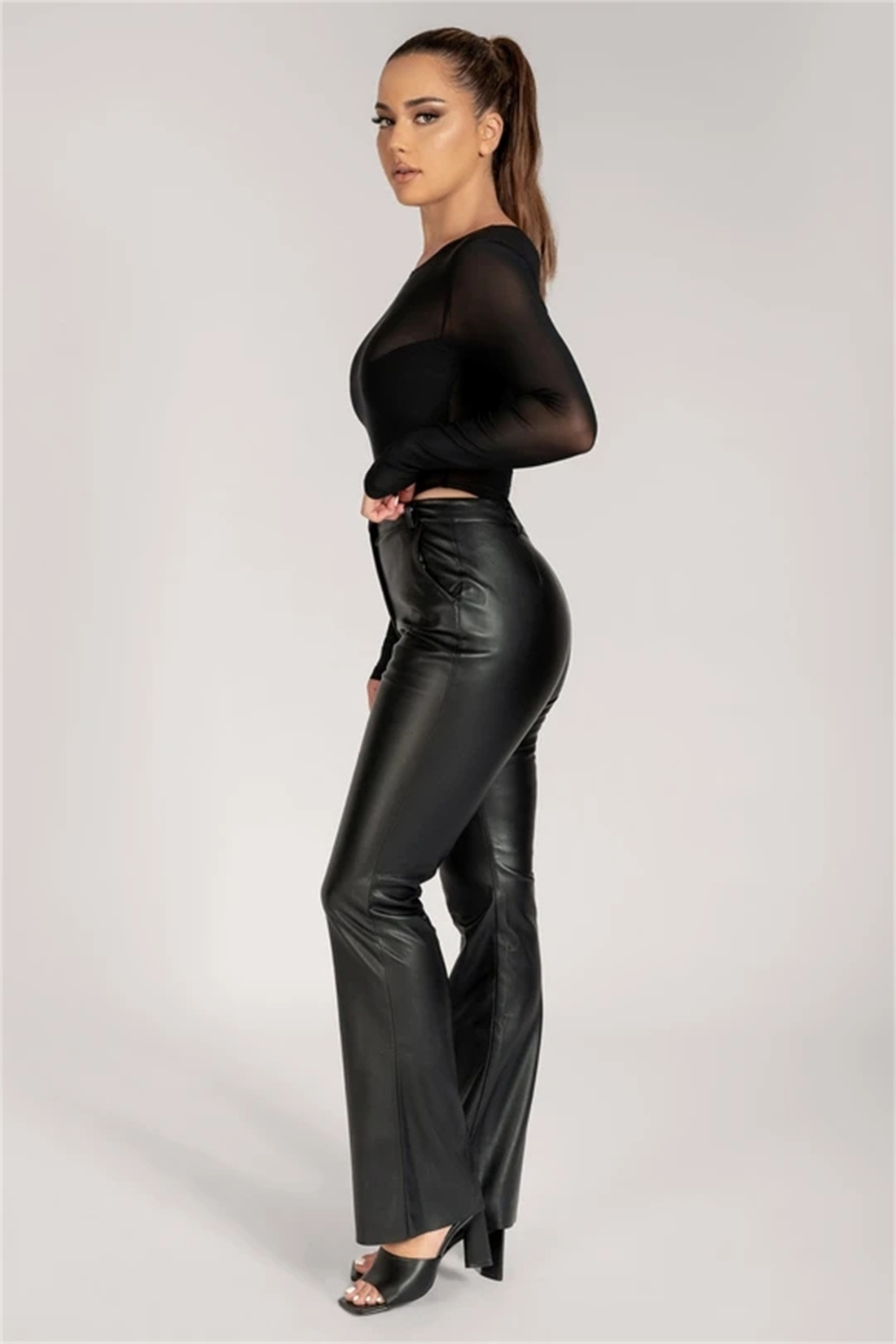 Solid Color Pu Leather Hip-Up High-Waist Pants NSFD76549