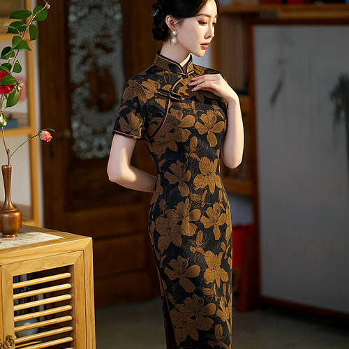 Retro Chinese Dress oriental Qipao Cheongsam for women temperament of restoring ancient ways of printing split of cultivate morality long collar short sleeve cheongsam