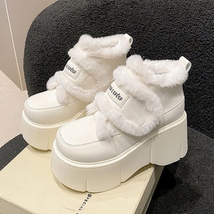 Thick-soled increased color matching cold-proof hook and loop fleece-lined short-tube snow boots for autumn and winter 2024 small leather shoes