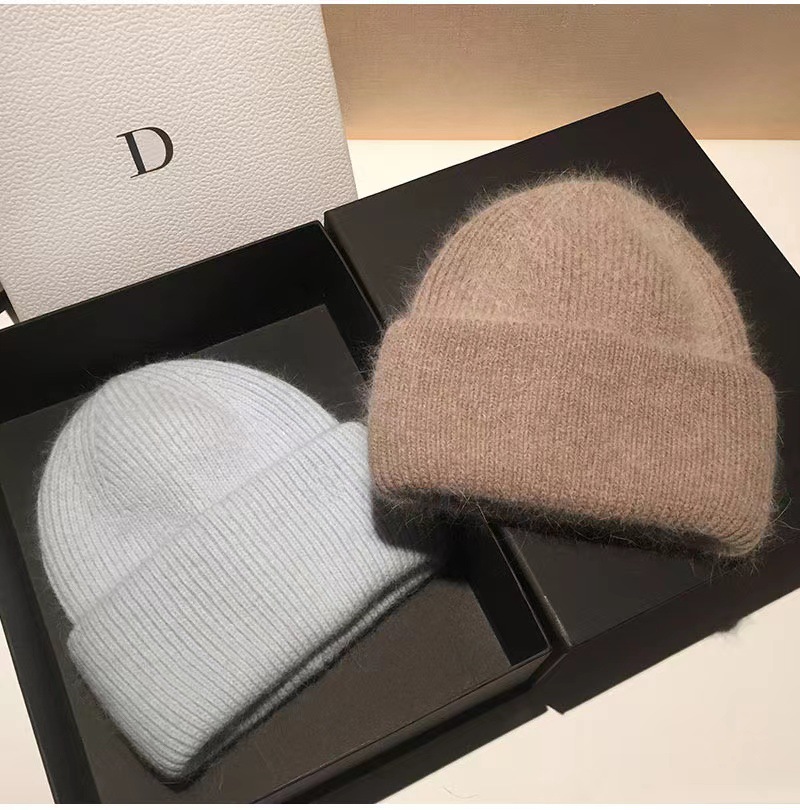 rabbit fur Material Japanese High-End New Rabbit Fur Knitted Woolen Cap Women's Fashion Autumn Winter Japanese Beanie Hat Thermal Head Cover Knitted Hat