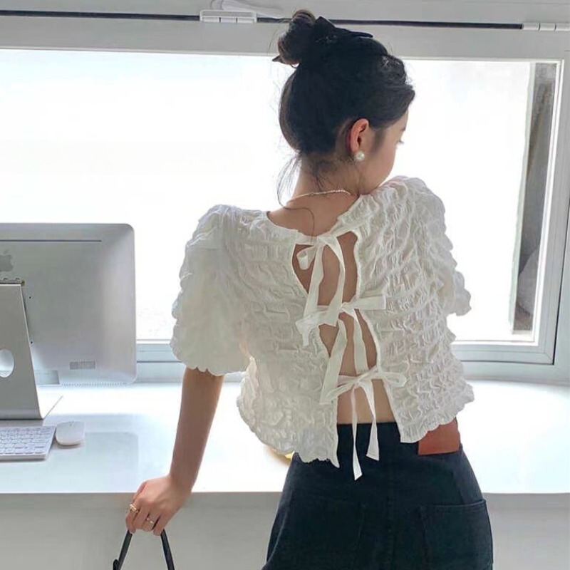 French Chic Sweet Elegant Rear Strap Short Shirt Women's Summer New Age-reducing Texture Unique Small Top
