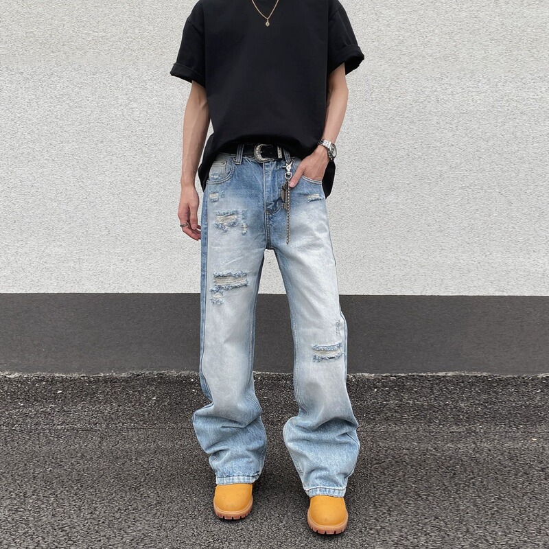 American-style high-street washed cleanfit ripped jeans for men, loose straight-leg trendy brand, cool and stylish, slightly flared, distressed pants
