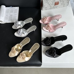 916-7Q~2024年夏季新款優雅仙女風花朵露趾法式高跟涼拖鞋女外穿