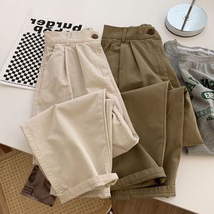 Summer Japanese-Style Khaki Lazy Bobo Pants for Women, Casual Retro Button Cargo Pants, Versatile Straight-Leg Pants That Make You Look Taller