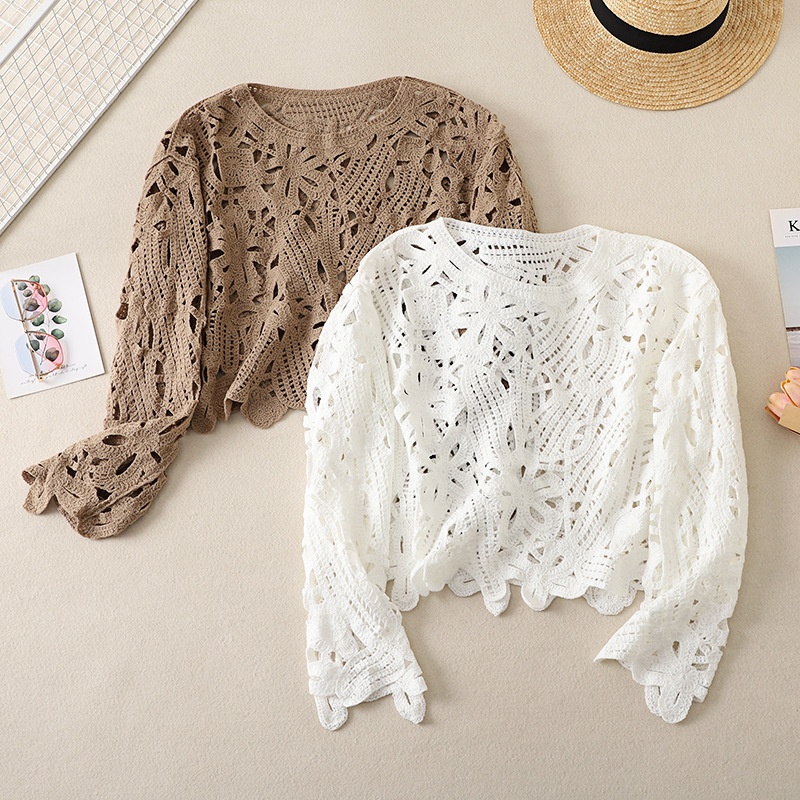 French Crochet Hollow Knitted Shirt Long Sleeve Women's 2024 Early Autumn New plus size chubby girl Outer Blouse Retro Top