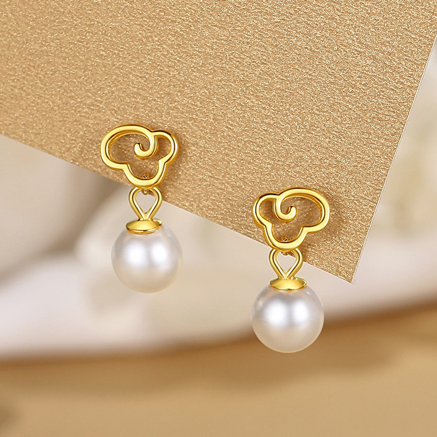 S925 plata xiangyun perla Stud pendientes moda de las mujeres versátil nicho diseño pendientes nube geométrica pendientes al por mayor