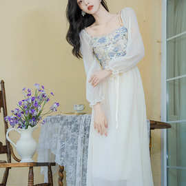 2023秋季新款 法式复古珍珠链茶歇气质仙女裙+40