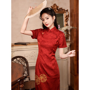 New Chinese style red cheongsam women's engagement dress 2024 New Toast dress bride back door dress retro summer