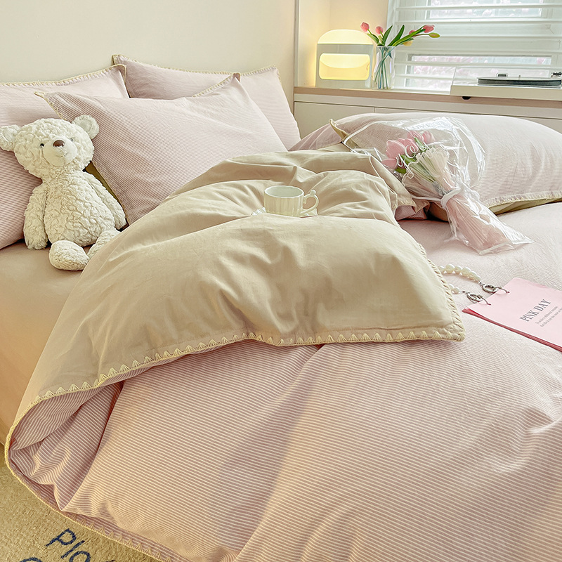 Nordic Striped Pure Cotton Bedding Set Four Piece Washed Bed Sheet_voghion.com