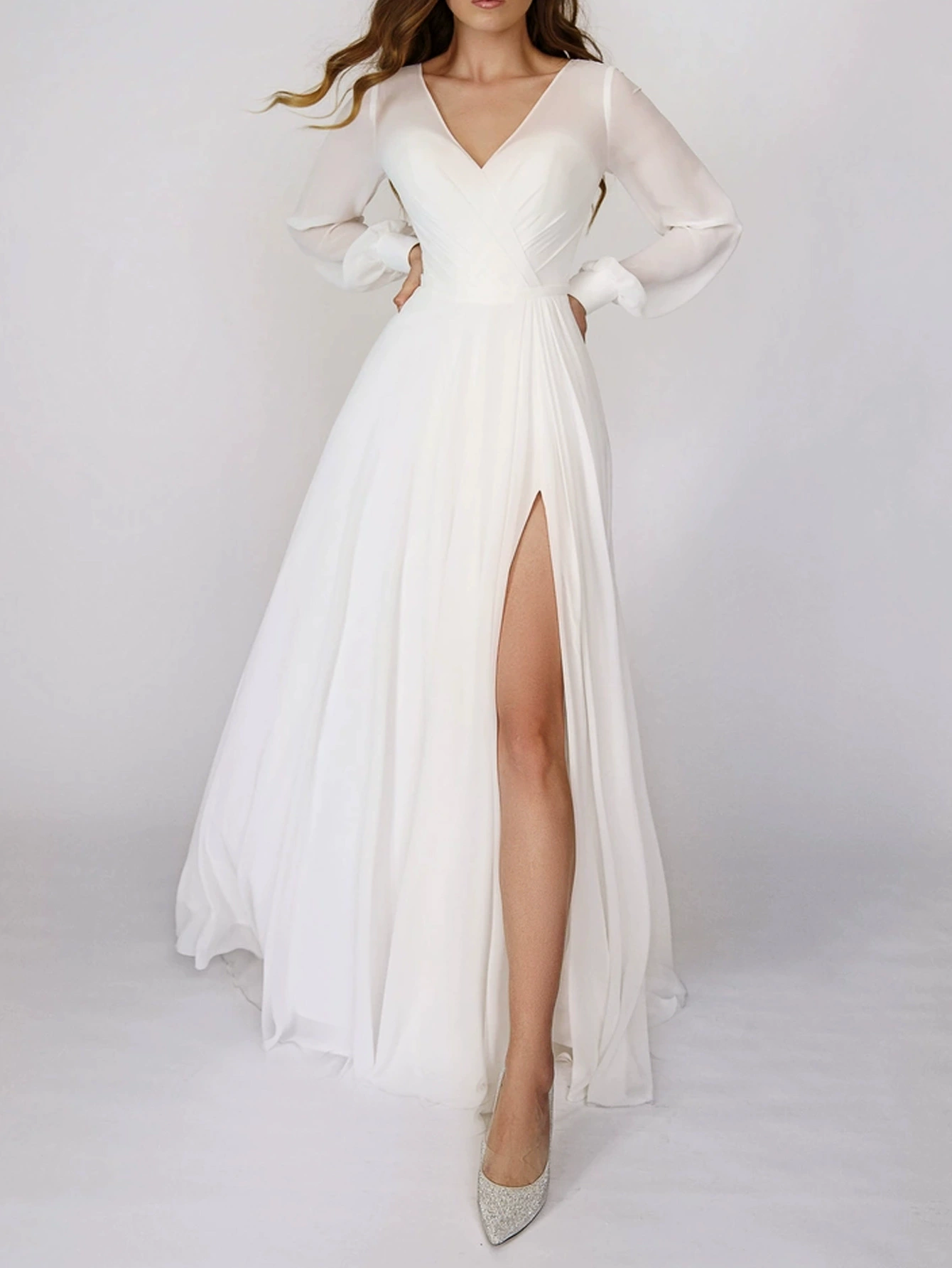 QQH весенне-летняя экспортная женская длинная юбка независимой станции, европейское и американское сексуальное шифоновое сетчатое платье с длинными рукавами и большим подолом