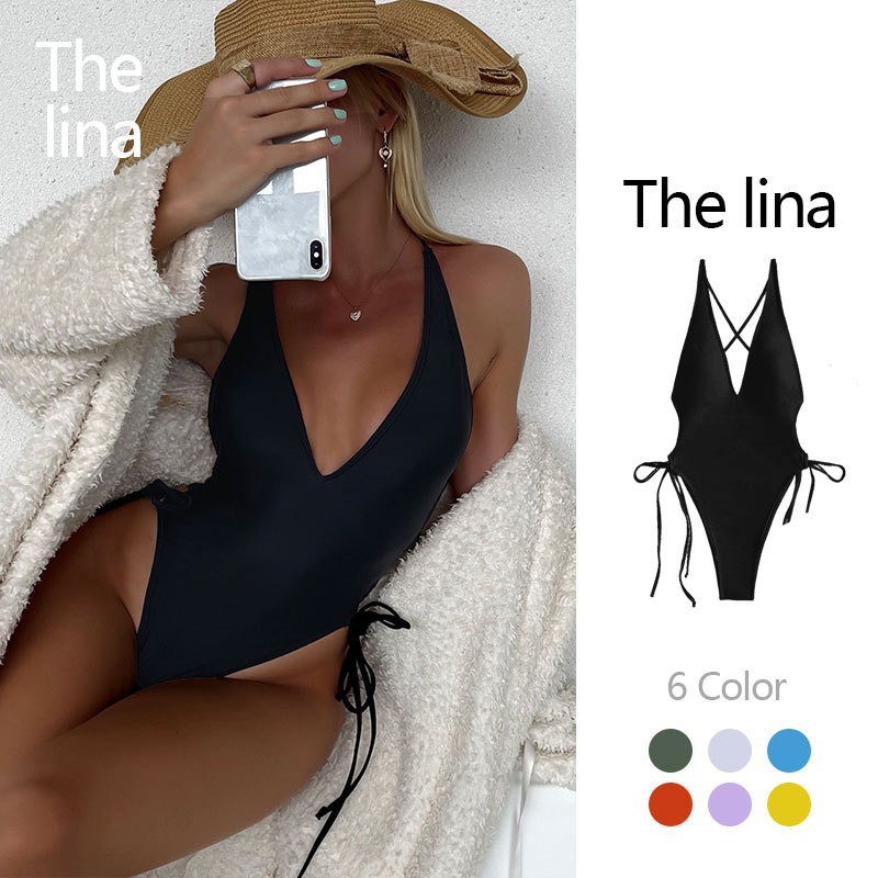 Women's Clothing Deep V Sexy One Piece Swimsuit Solid Color American Style High Grade Bikini For Female Beach Hot Spring_voghion.com