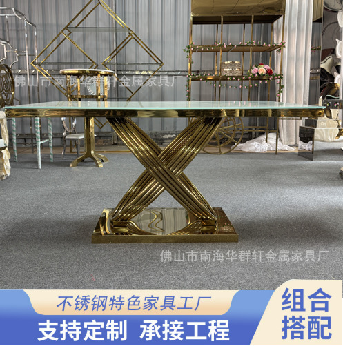 High-End Gold-Plated Stainless Steel Art Dining Table Light Luxury White Glass Countertop Long Table Wedding Party Banquet Table