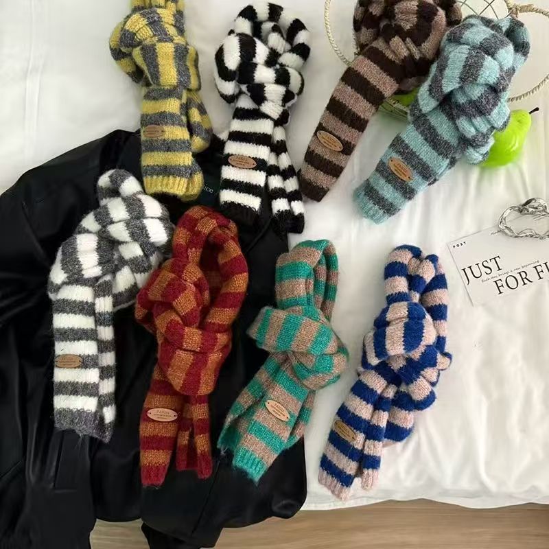 Hip-Hop Niche Trendy Y2K Long Striped Leather Label Knit Scarf Unisex Japanese Versatile Layered Neck Warmer Trendy