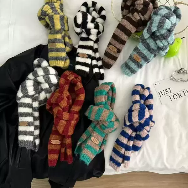 Hip-Hop Niche Trendy Y2K Long Striped Leather Label Knit Scarf Unisex Japanese Versatile Layered Neck Warmer Trendy