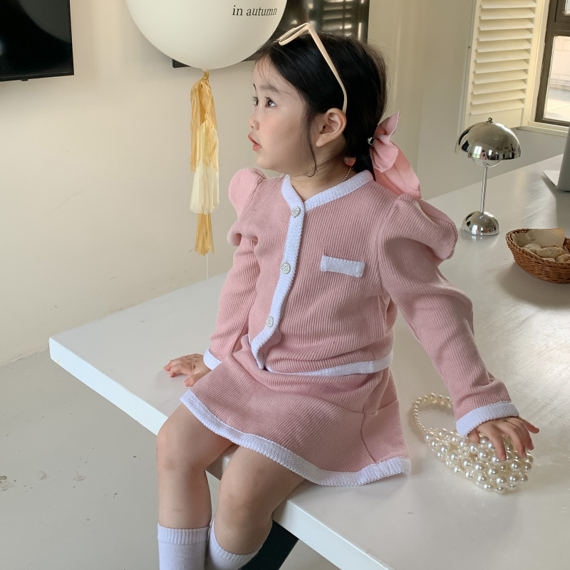 跨境童装女童22秋季新品韩国宝宝小香风针织开衫半身裙两件套套装详情13