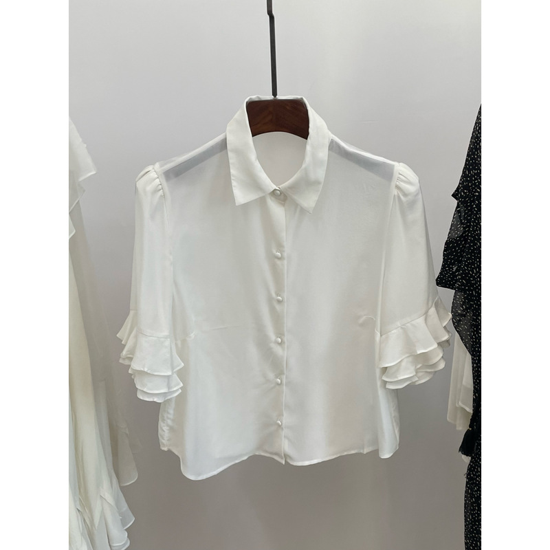 Final Order Fr Silk Ruffle Simple French Elegant Short-Sleeve Shirt Top