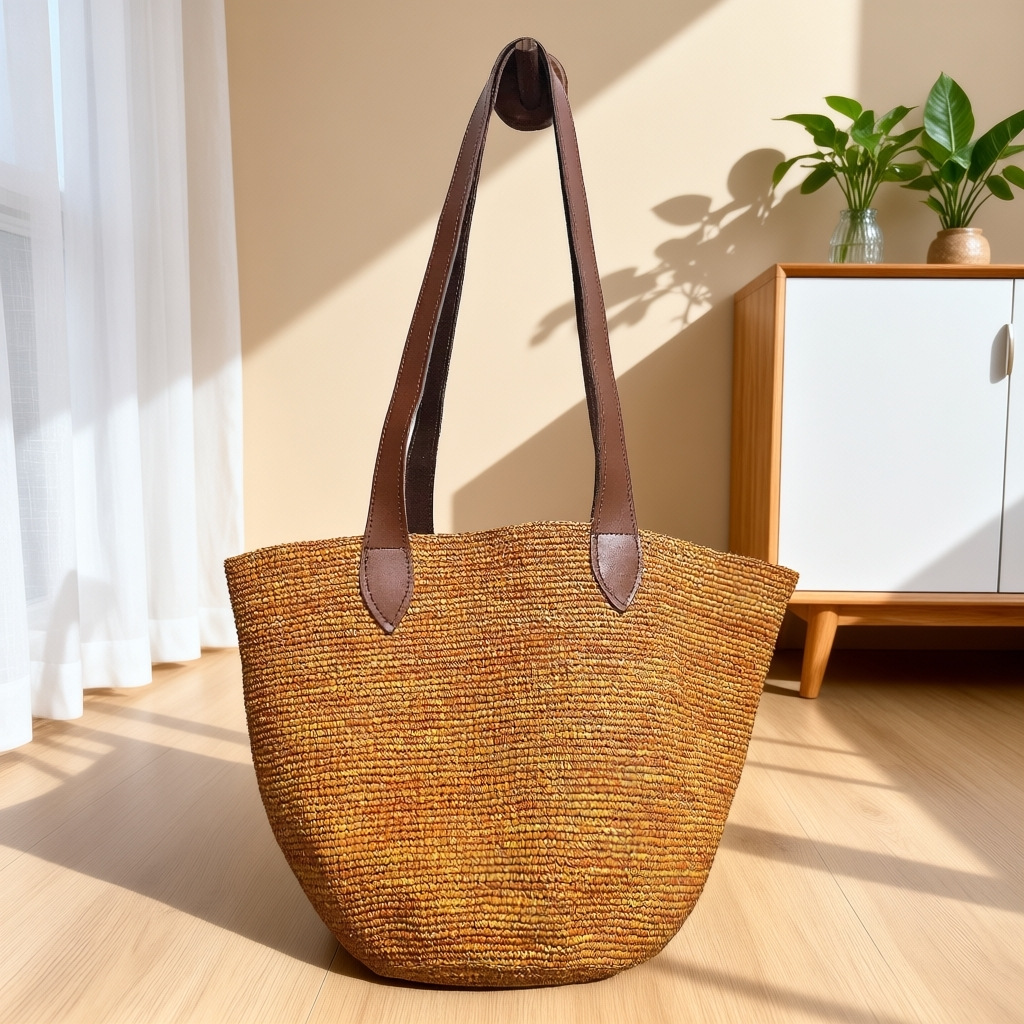 Niche Design Vacation Style Raffia Cowhide Shoulder Bucket Bag For Women, New Summer Large Capacity Casual Handbag