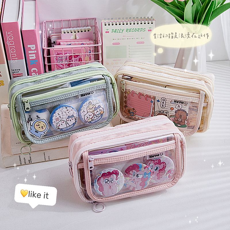 Estuche para lápices con bolsa de dolor transparente multicapa de gran capacidad, caja de papelería para estudiantes de alto valor, linda chica, bolsa de papelería de almacenamiento