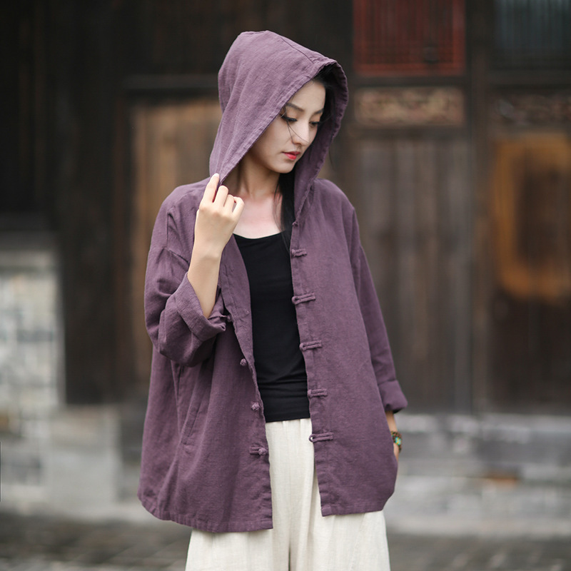 2026 Spring Cotton and Linen Women's New Fashion Ramie Jacket Original Design Plus Size Hooded Bohemian Style Women's Cardigan Shirt