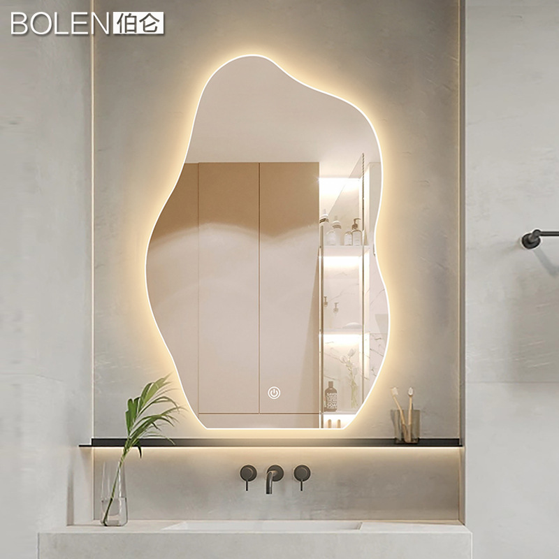 Espejo inteligente de baño con forma especial BOLEN, estilo ins, con luz LED, pantalla táctil, espejo francés de pared.