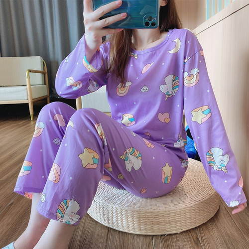 Women's Long-Sleeve and Long-Pants Cute Cartoon Sleepwear Set for Spring and Autumn